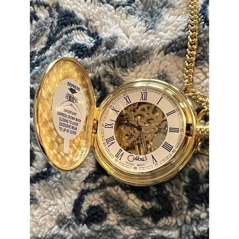 Colibri London Quartz Pocket Watch Gold Tone Roman Numerals Day Date Vtg W Box - Picture 3 of 9